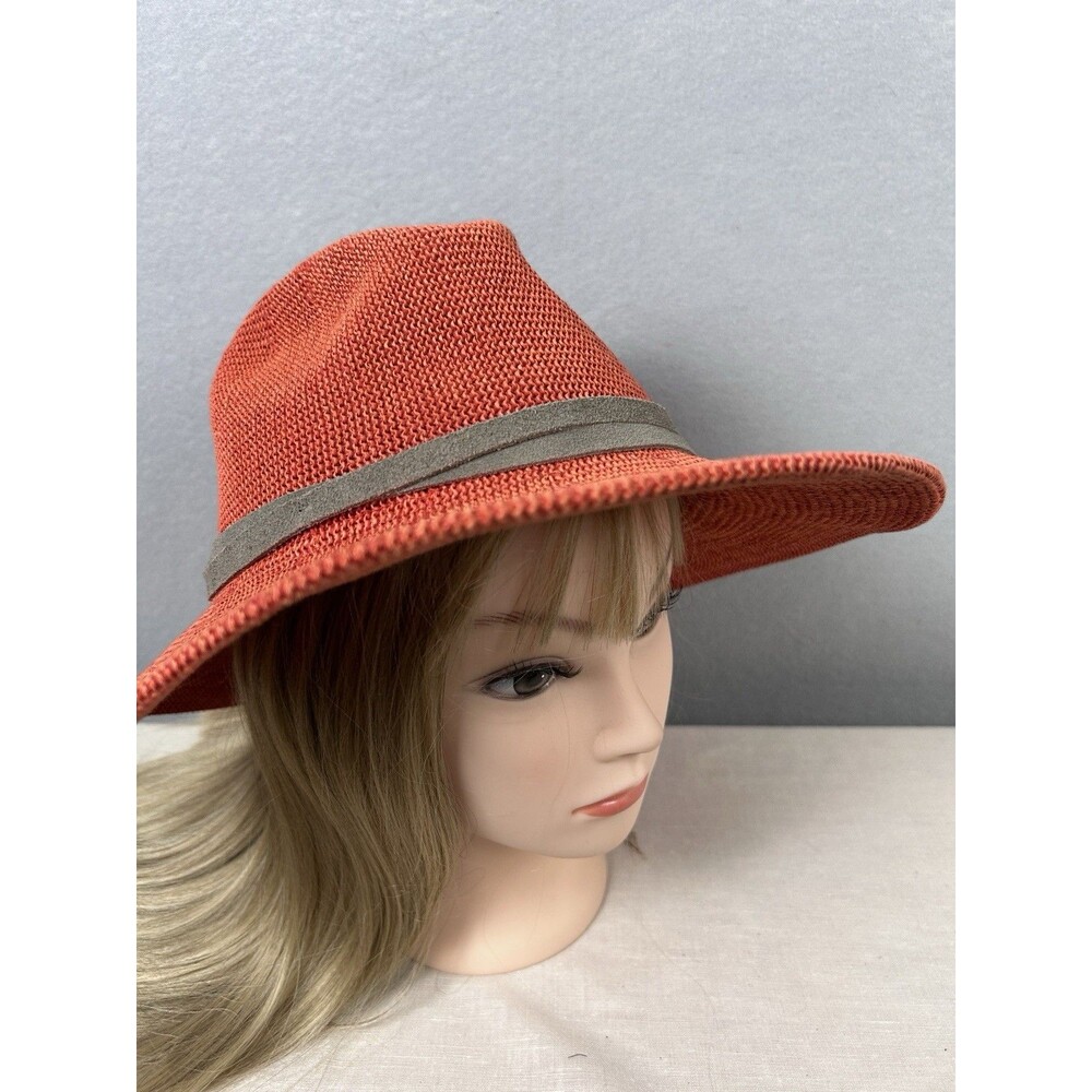 Wyeth rust knit fedora sun hat 65% paper 45% polyester suede hat band